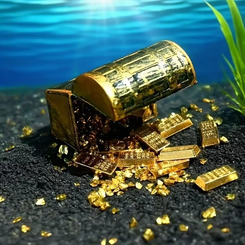 Aquarium Plants Live - 1 Set Lustige Mini-Piratenschatzkiste, Schatzthema, goldfarbene